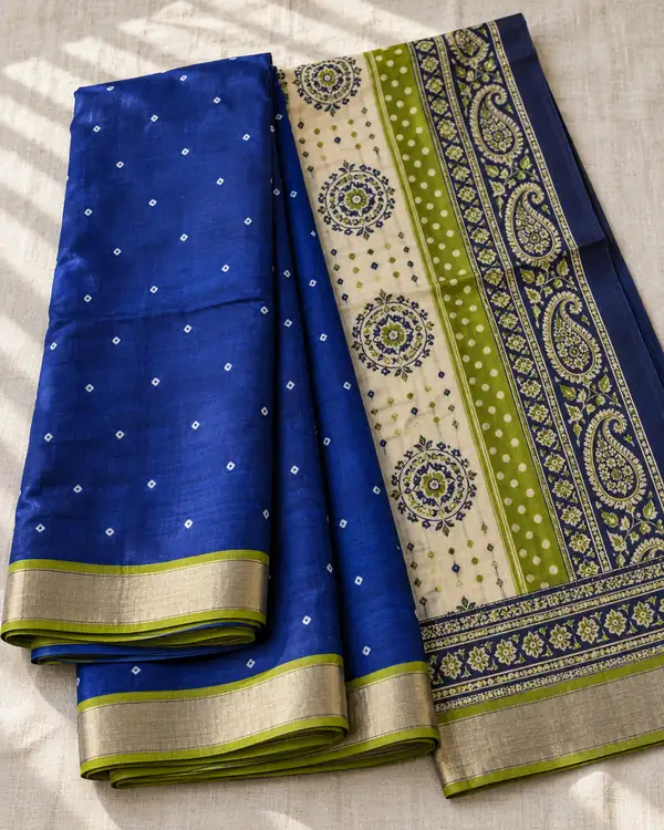 Neelam Bandhani — Royal blue · silver and lime border · printed pallu