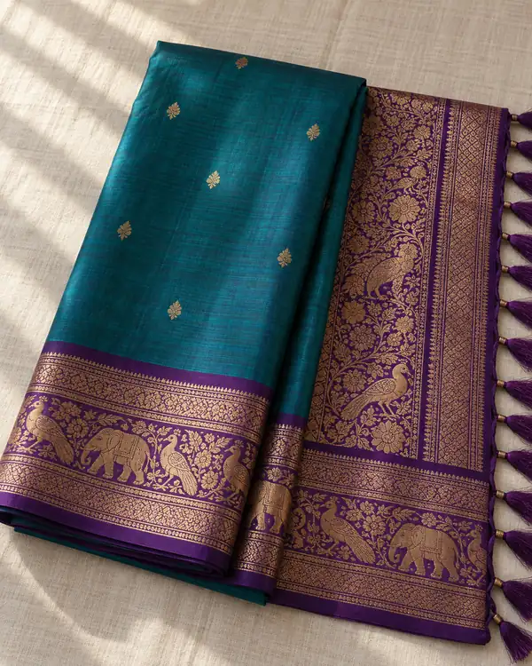 Mayil Kathiri — Peacock teal · purple zari border